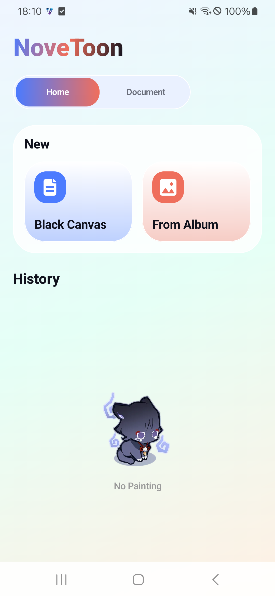 NoveToon home screen with blank canvas and album import options