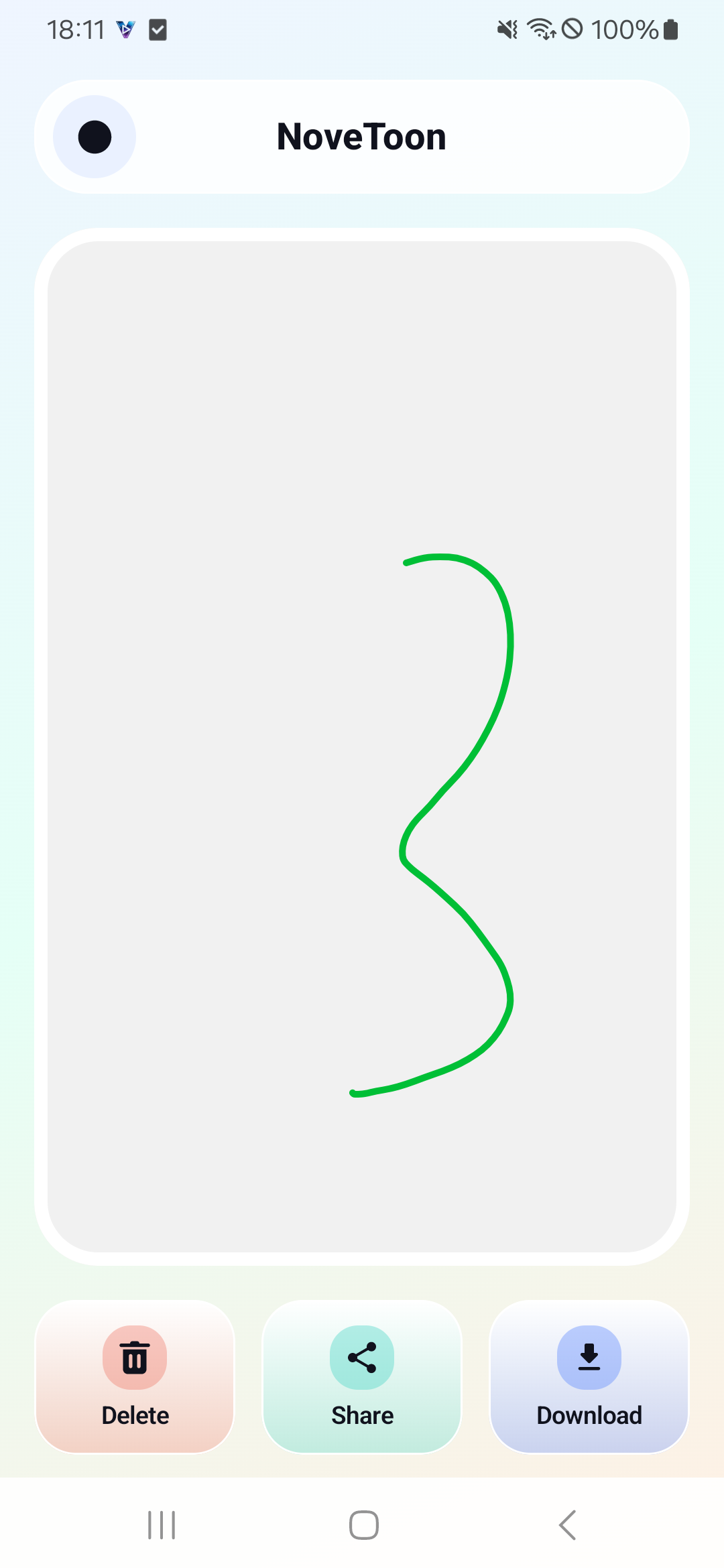 NoveToon drawing export screen with share and download actions